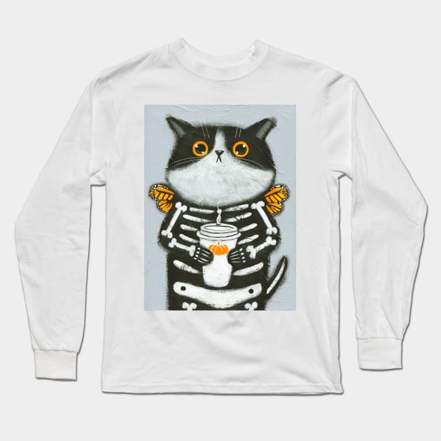 Skellie Coffee Cat Long Sleeve T-Shirt by KilkennyCat Art